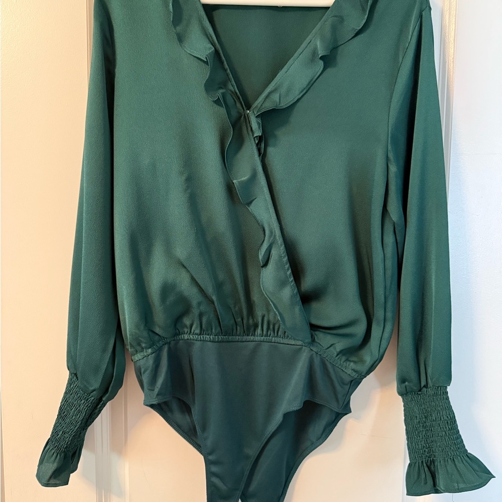 She + Sky Green Ruffled Wrap Bodysuit